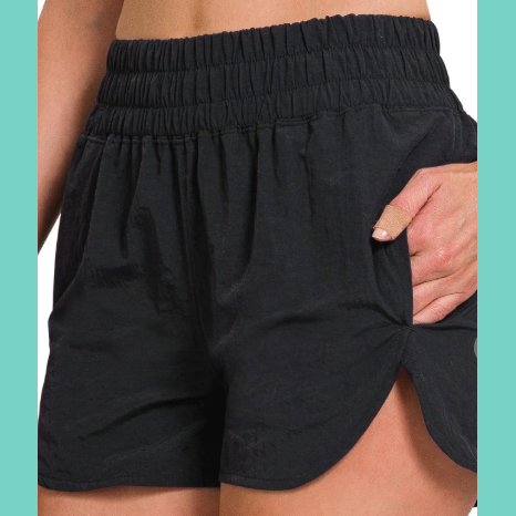 Black Windbreaker Smocked Running Shorts