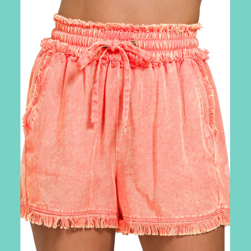 Coral Mineral Washed Drawstring Shorts
