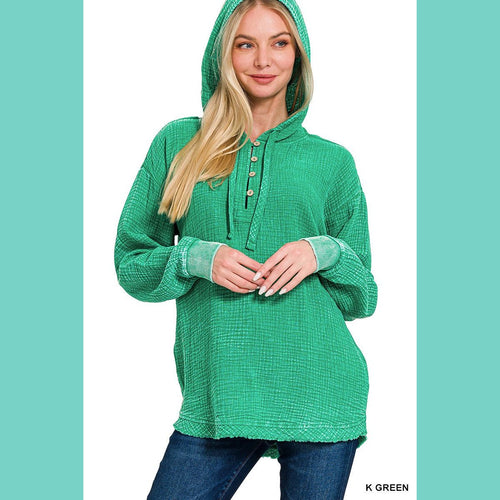 Kelly Green Washed Double Gauze Button Hoodie