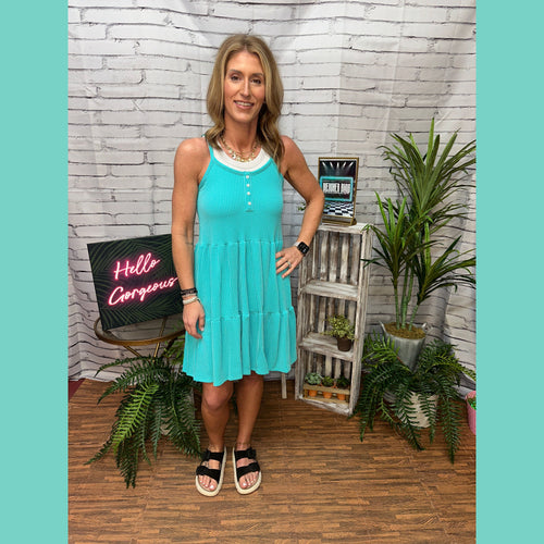 Turquoise Ribbed Button Front Dress