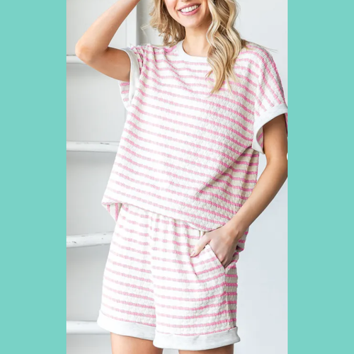 Cream & Pink Striped Shorts Set