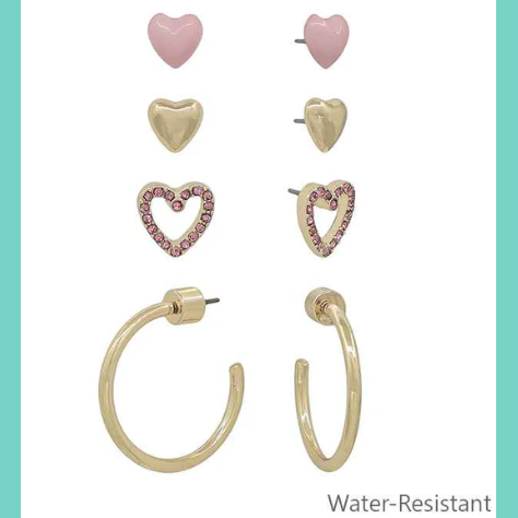 Water Resistant Set of 4 Pink & Gold Hearts and Hoops