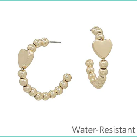 Water Resistant Gold Beaded Gold Heart Earrings