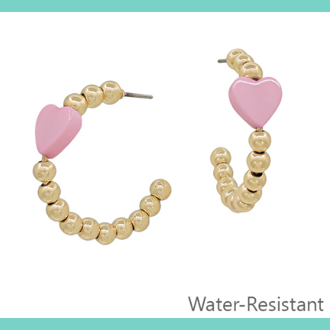 Water Resistant Gold Beaded Pink Heart Earrings