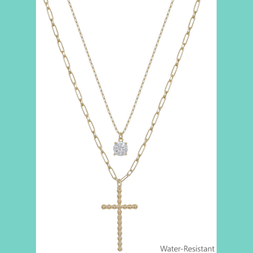 Water Resistant Gold Cross Layered Crystal Necklace