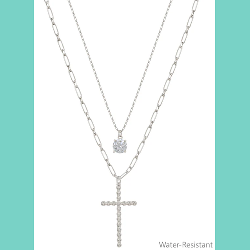 Water Resistant Silver Cross Layered Crystal Necklace