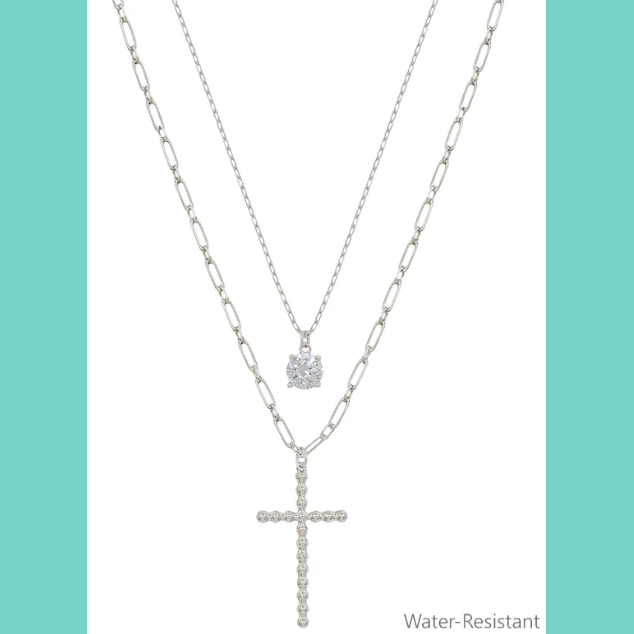 Water Resistant Silver Cross Layered Crystal Necklace