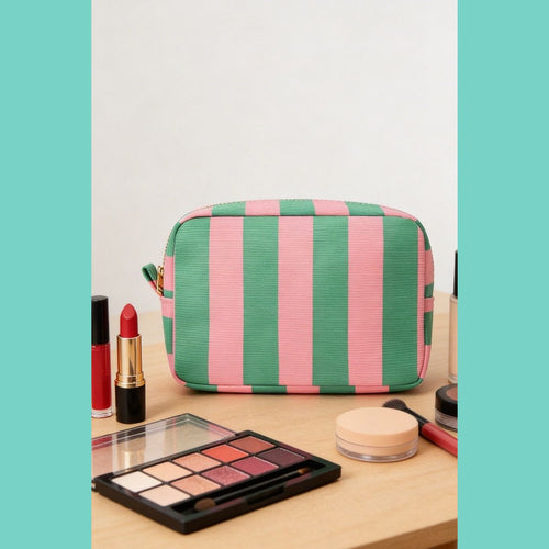 Pink & Green Stripe Travel Cosmetic Bag