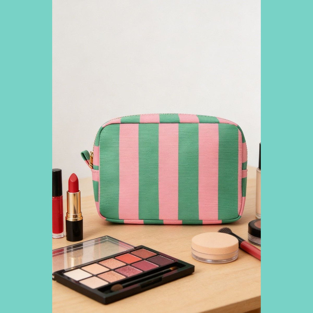 Pink & Green Stripe Travel Cosmetic Bag