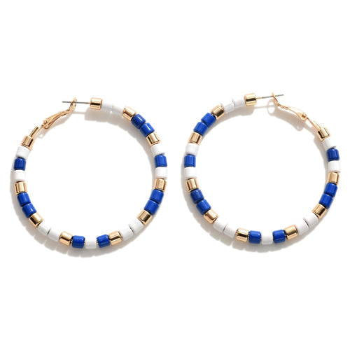 Blue and White Beaded Hoop Earrings