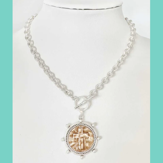 Worn Look Silver Chain With Cross Coin