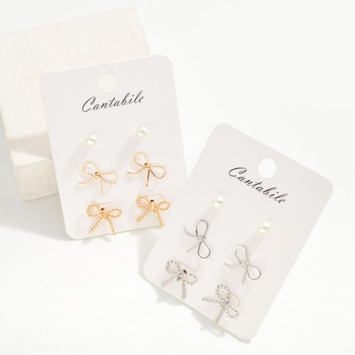 Bow & Pearl Set of 3 Earrings