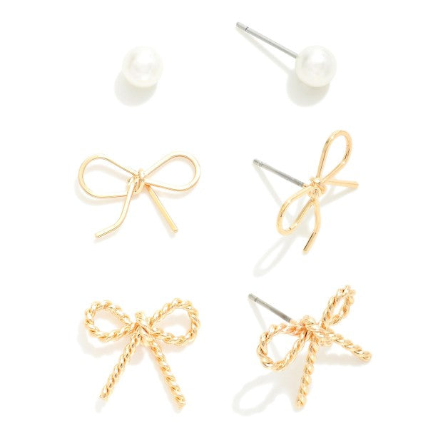 Bow & Pearl Set of 3 Earrings