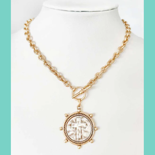 Worn Look Gold Chain With Cross Coin