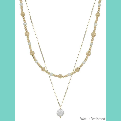 Water Resistant Gold & Pearl Beaded Necklace With Pearl Coin