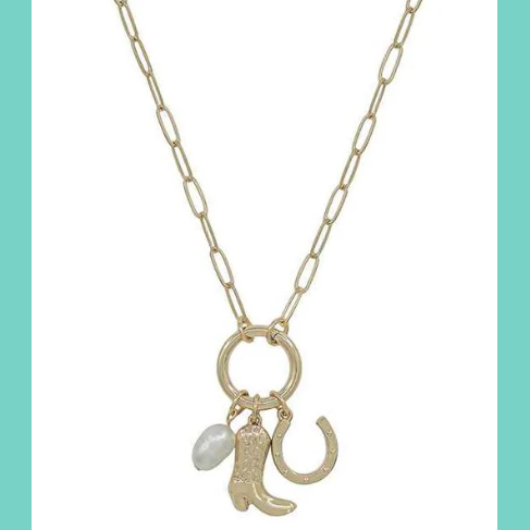 Gold Cowboy Boot, Pearl & Horseshoe Necklace