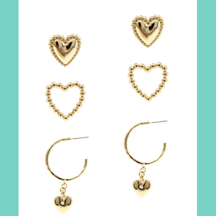 Gold Set of 3 Heart Studs and Hoops