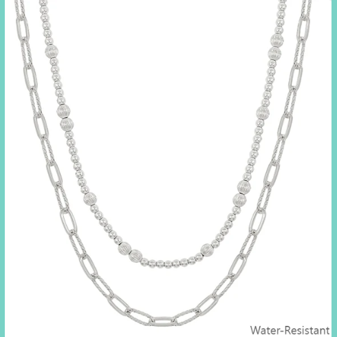 Water Resistant Double Layer Silver Beaded Chain