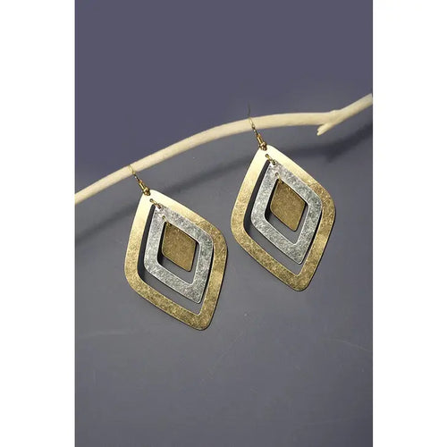 Geo Two Tone Diamond Shape Drop Earrings