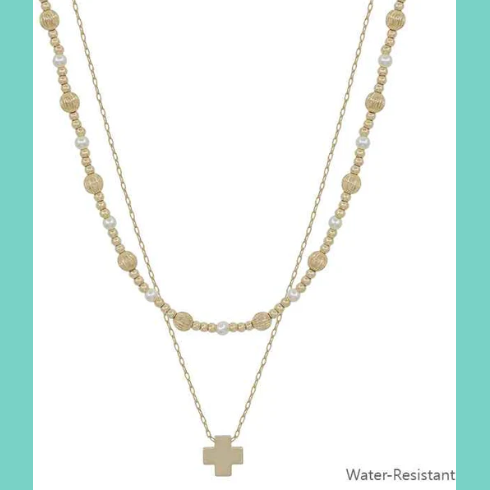 Water Resistant Textured Gold Bead, Pearl & Cross Necklace