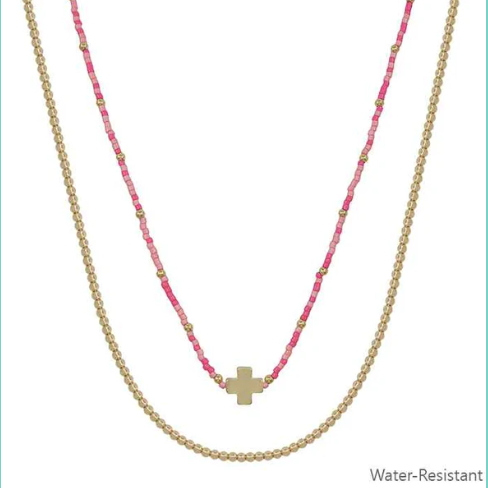 Water Resistant Gold Pink Seed Bead With Cross Necklace