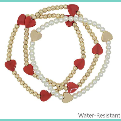 Water Resistant Gold Beaded Red Heart Bracelet Set