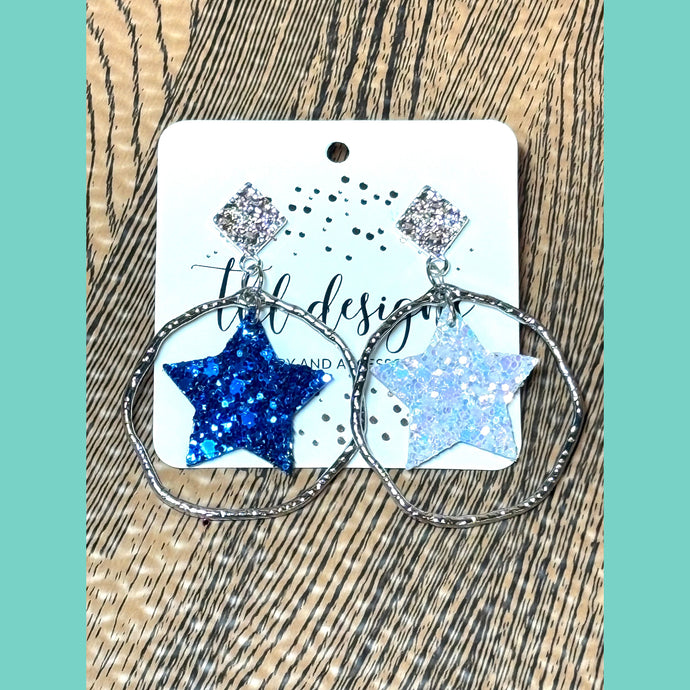 Royal & White Iridescent Star Hoop Stud Earrings