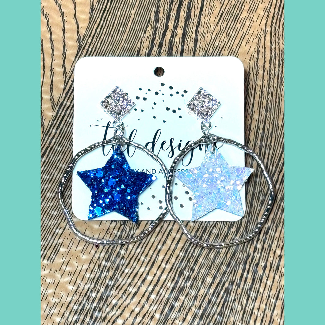 Royal & White Iridescent Star Hoop Stud Earrings