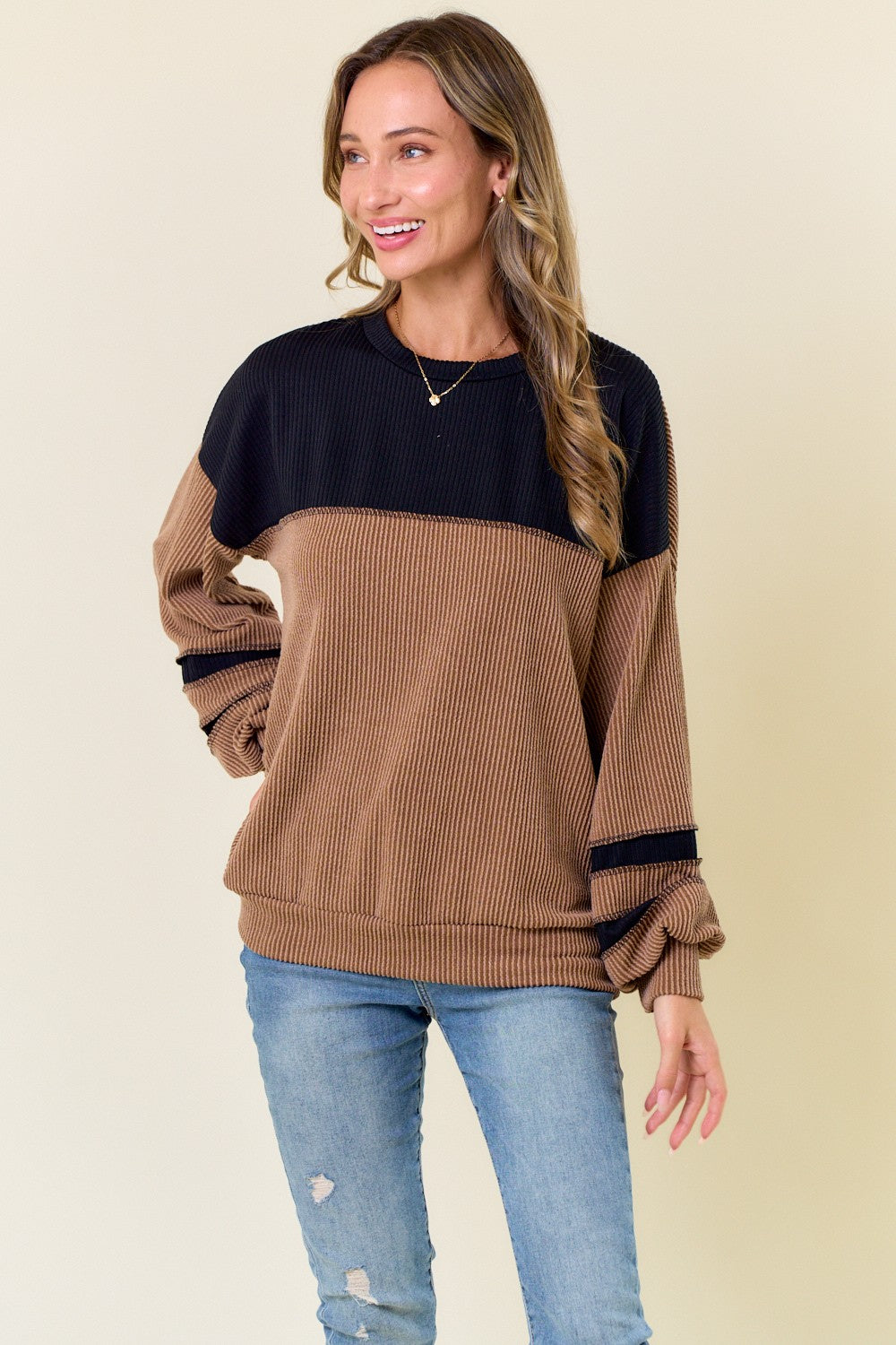 Two Tone Ribbed Long Sleeve Top
