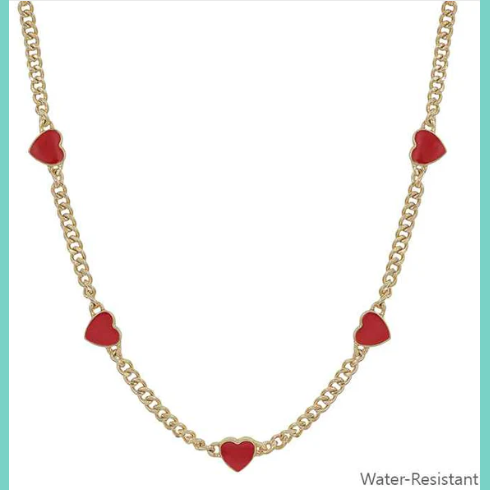 Water Resistant Gold Textured Chain With Red Hearts