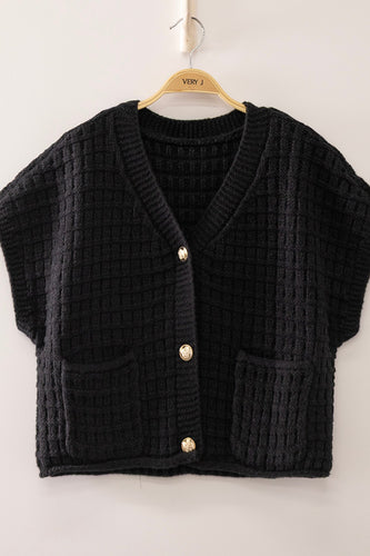 Black Waffle Knit Button Front Crop Cardigan