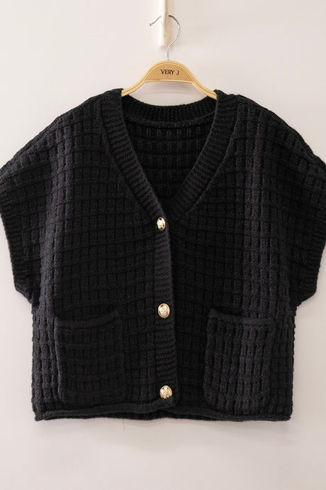 Black Waffle Knit Button Front Crop Cardigan