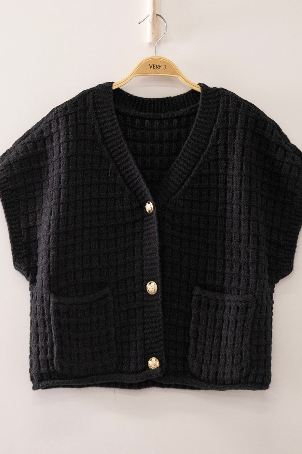 Black Waffle Knit Button Front Crop Cardigan