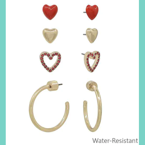 Water Resistant Set of 4 Red & Gold Hearts and Hoops