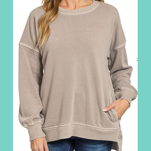 Ash Mocha Fleece HI-Lo Pullover With Pocket