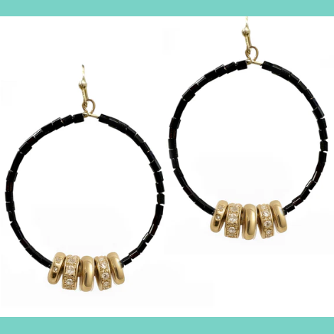 Black Beaded with Gold Details Hoop Earring