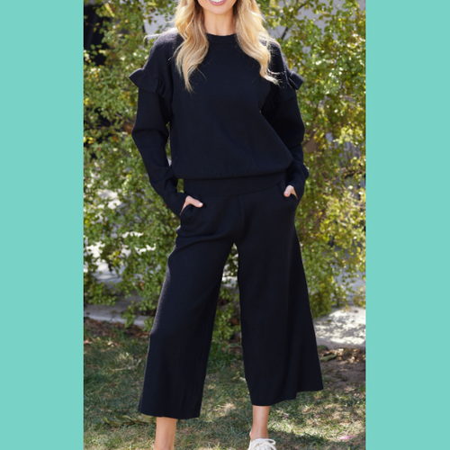 Black Ruffle Sleeve Ribbed Sweater Set