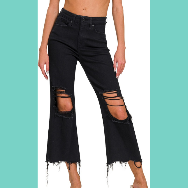 Black Distressed Knee Flare Crop High Waist Jeans