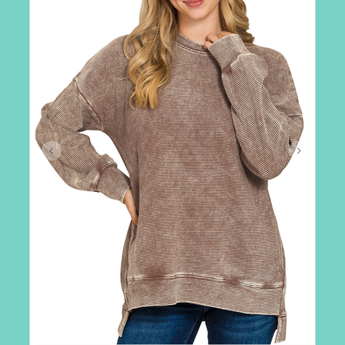 Brown Acid Washed Double Ribbed HI-Lo Pullover