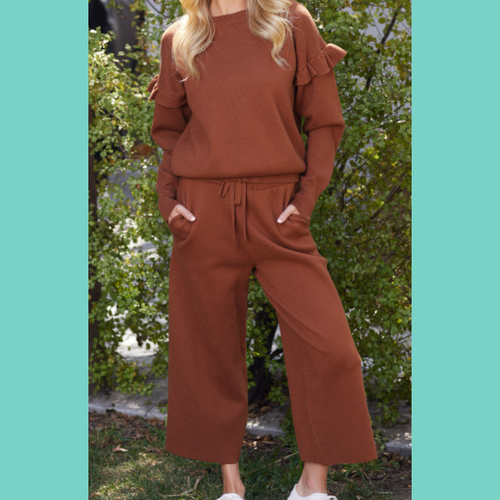 Brown Ruffle Sleeve Ribbed Sweater Set