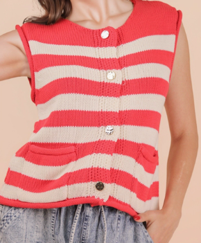 Red Striped Button Down Sweater Top