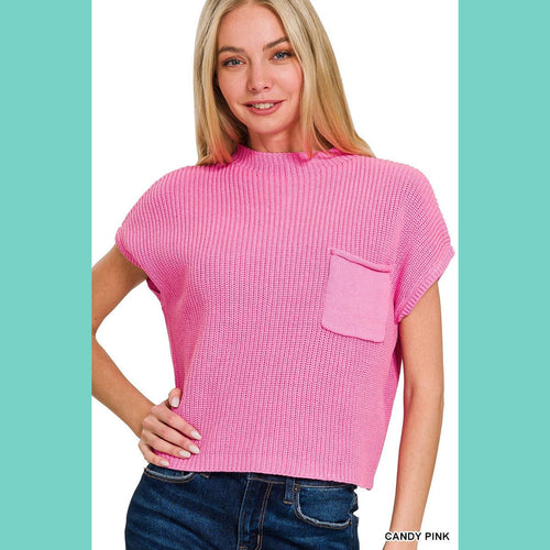 Candy Pink Mock Neck Short Sleeve Crop Sweater