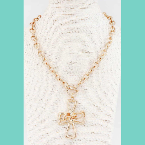Gold Hammered Cross ToggleNecklace