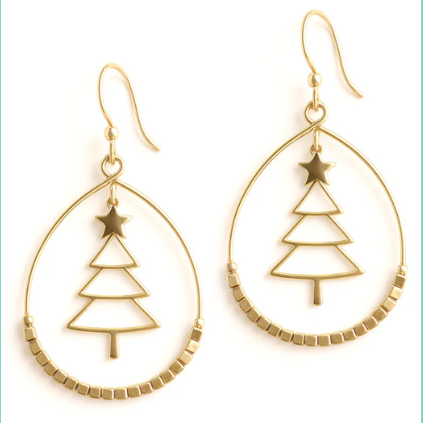 Gold Christmas Tree Cutout with Gold Beaded Accent Open Circle Earring