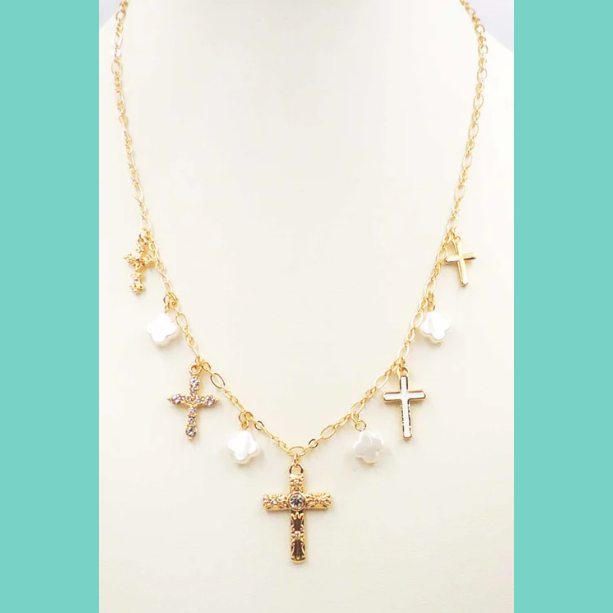 Gold Cross and Pearl Charms Necklace