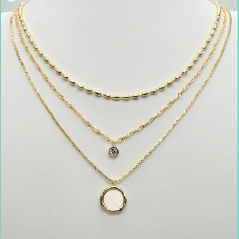 Gold Triple Layer Rhinestone & Coin Necklace