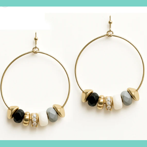 Grey, Black, White Stones with Gold Details Hoop Earring