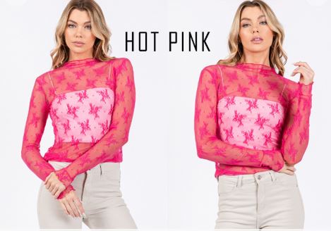 Hot Pink Long Sleeve Floral Lace Top