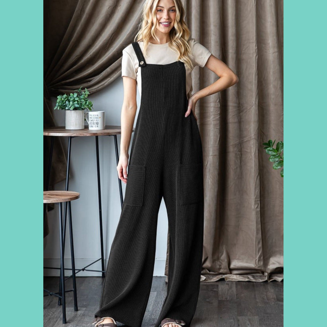 Black Ribbed Boho Overalls