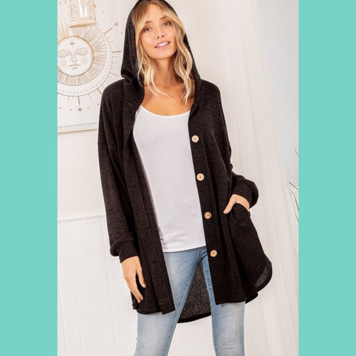 Black Button Front Hooded Cardigan